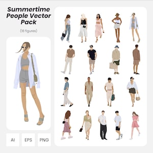 Summertime People Pack – 18 Flat Vector Human Figures for Architecture & Design | Instant Download | AI PNG EPS | Cutout People