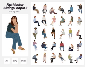 Flat Vector People Sitting Pack 2 | 30 Pack Vector People Illustrations | Instant Download | AI - PNG - EPS | Cutout People
