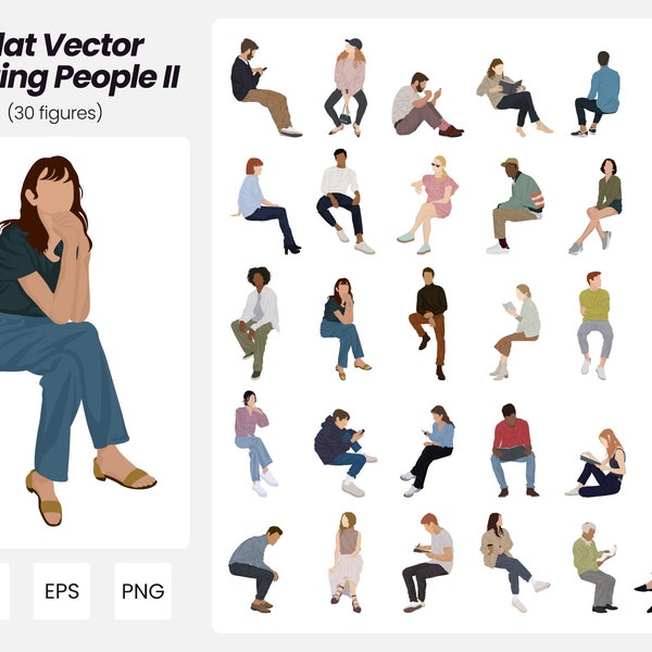 Flat Vector People Sitting Pack 2 / 30 Pack Vector People Illustrations / Instant Download / AI - PNG - EPS / Cutout People