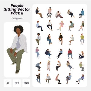 People Sitting Vector Pack 2 – 30 Flat Vector Human Figures for Architecture & Design | Instant Download | AI PNG EPS | Cutout People