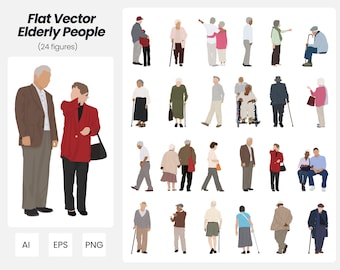 Flat Vector Elderly People Pack | 24 Pack Vector People Illustrations | Instant Download | AI - PNG - EPS | Cutout People