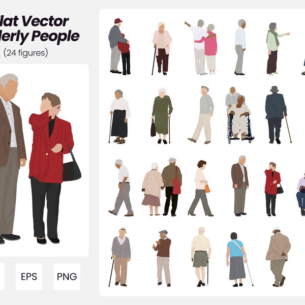 Paquete de personas mayores de vectores planos / Paquete de 24 ilustraciones de personas vectoriales / Descarga instantánea / AI - PNG - EPS / Personas recortadas