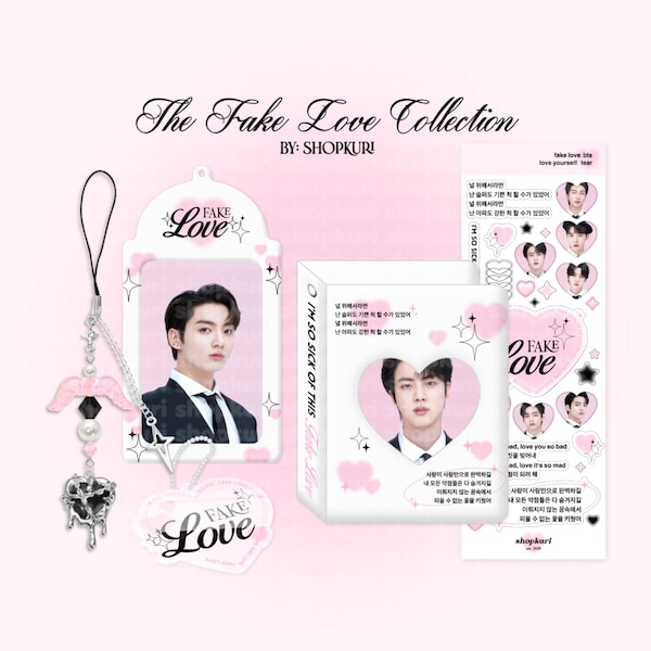 the fake love collection | collect book, photocard holder, acrylic keychain, stickers, beaded keychain, photocard