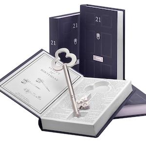 Pode incluir: Uma chave de prata com um design decorativo é colocada sobre um livro aberto com o texto "Happy 21st Birthday" impresso na página. O livro é azul marinho e tem o número "21" impresso na lombada. Outros dois livros azul marinho com o número "21" impresso na lombada estão empilhados atrás do livro aberto.