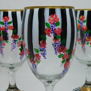 Hand-Painted Floral Wine Glass: Striped Checkered Base