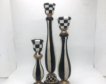 Set of 3 hand-painted, whimsical, classic black & white check and striped candlesticks 9", 6 3/4" and 4"