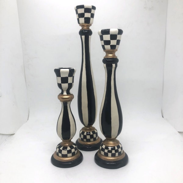 Set of 3 hand painted classic black & white check and striped candlesticks 6 3/4", 9" and 11"