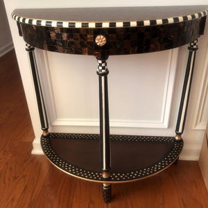 NEW DESIGN! Whimsical Coffee Colored tile enhanced, black/white check, hand-painted half-moon table, crescent table: furniture, home decor.