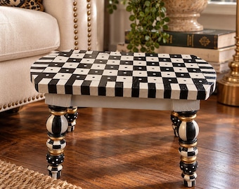 Footstool - Hand-Painted Black & White Checkered – Gold Accents – Eclectic Glam Home Decor