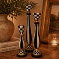 Set of 3 hand-painted, whimsical, classic black & white check and striped candlesticks 9", 6 3/4" and 4"