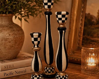 Set of 3 hand-painted, whimsical, classic black & white check and striped candlesticks 9", 6 3/4" and 4"