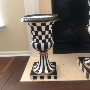 10 x 17 small - Hand-Painted Black and White Check Pedestal Urn Planter: Weather-Resistant Resin