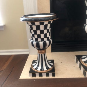 10" x 17" - Classic black and white check deluxe pedestal Urn / Planter -   - hand-painted