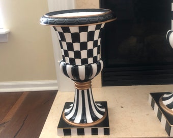 10" x 17" - Classic black and white check deluxe pedestal Urn / Planter -   - hand-painted