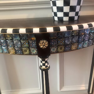 LIMITED AVAILABILITY! Whimsical Mosaic tiled, black/white check, hand-painted half-moon table, crescent table: furniture, home decor.