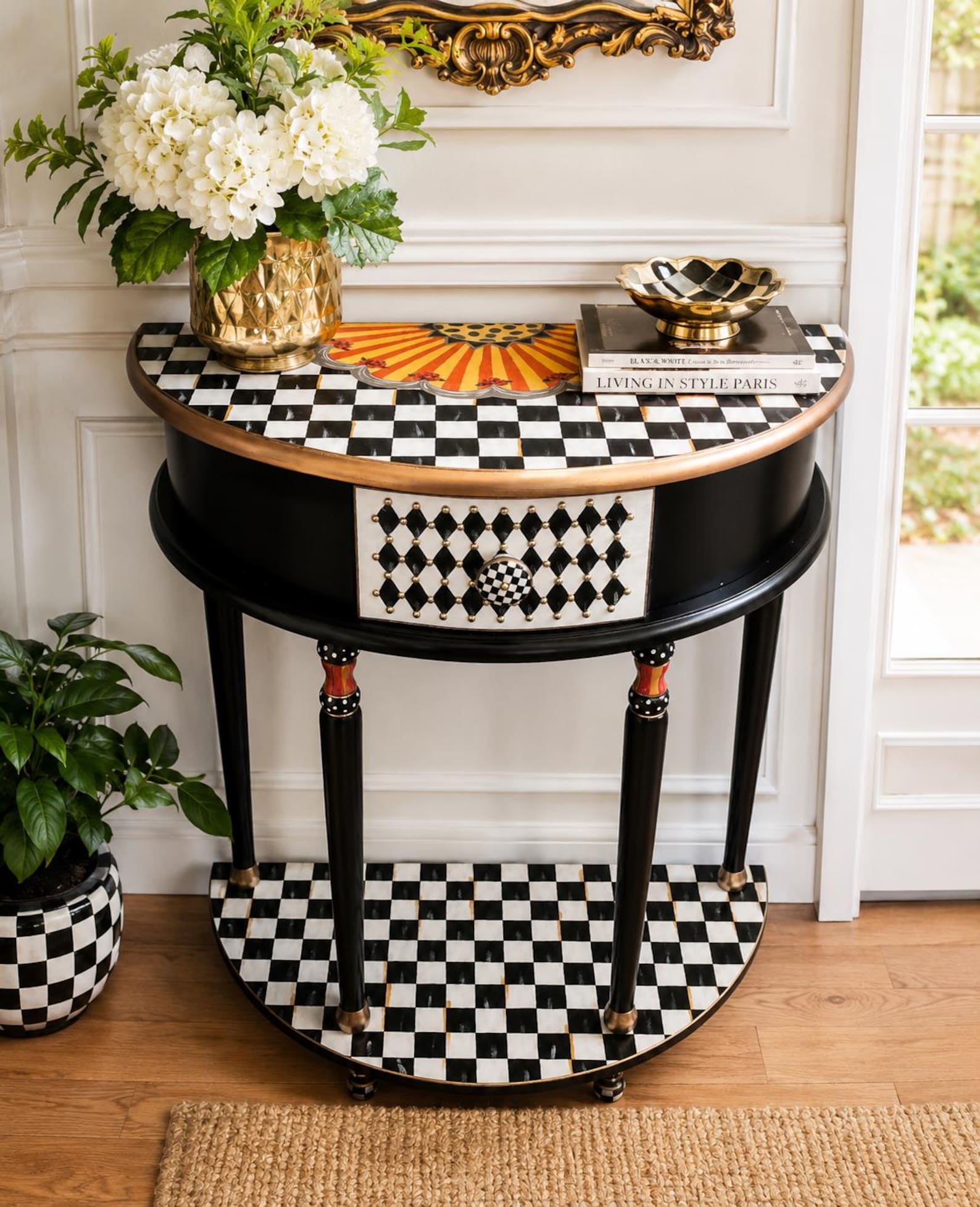 Hand-Painted Half-Moon Demi-Lune Table - Black & White Check Accent Table