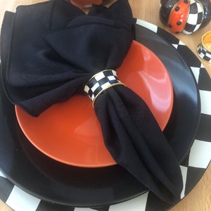 Hand Painted Napkin Rings: Classic Black & White Check, Bronzed Rim
