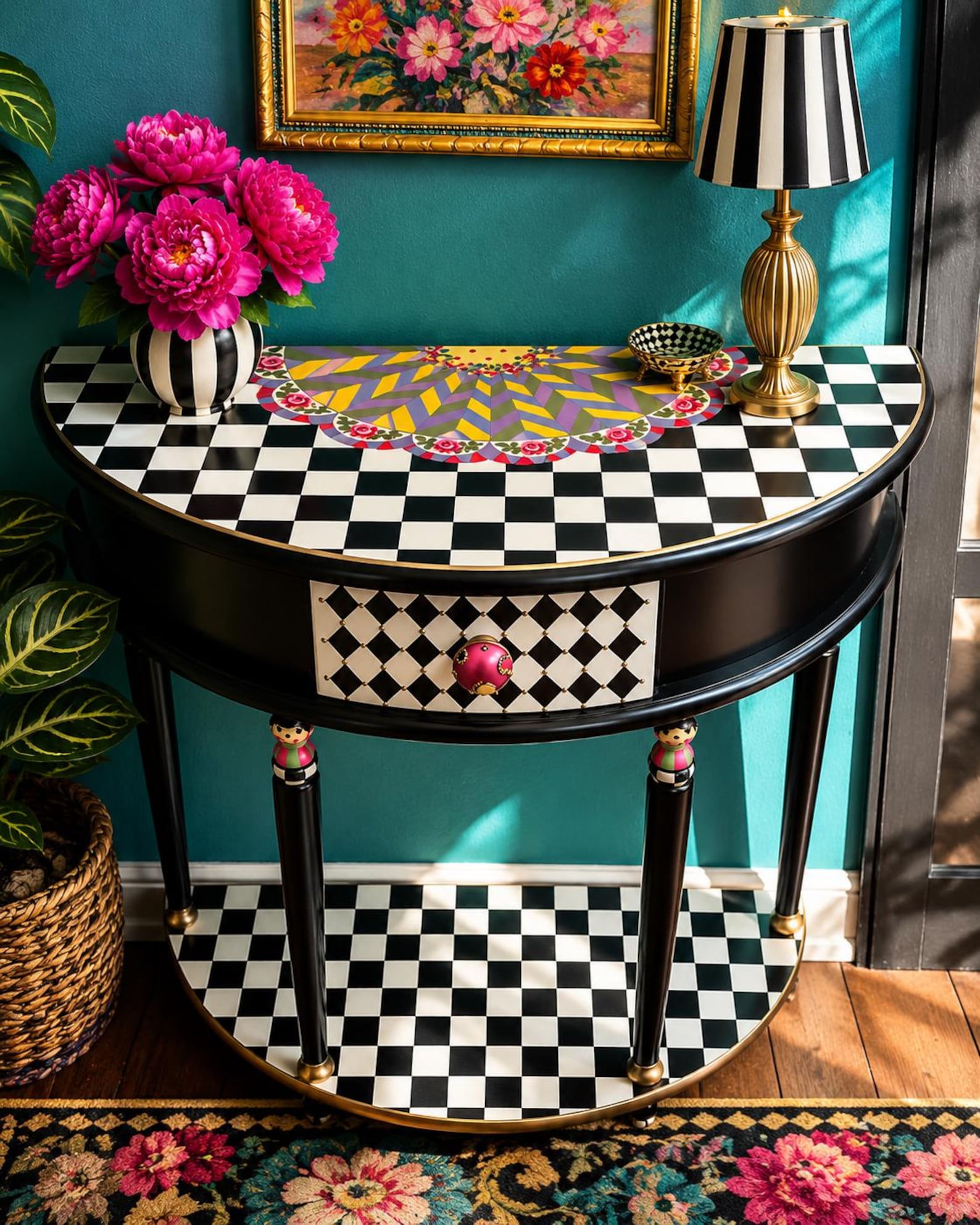 Hand-Painted Half-Moon Demi-Lune Table - Black & White Check Accent Table