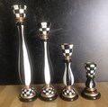 Hand-Painted Black & White Check Candlestick - Whimsical Wooden Decor