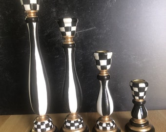 Individual, hand painted classic black & white check and striped candlesticks choose from 1 3/4", 4", 6 3/4", 9" or 11"