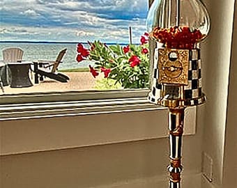 Gumball Machine with fun finial on top - hand-painted 15" on stand Black & White Check = An Etsy Favorite!