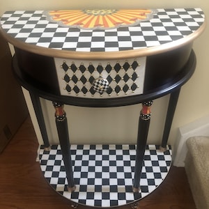 POPULAR! Whimsical, Black & white classic check hand-painted half-moon table, crescent table. painted furniture, home decor.