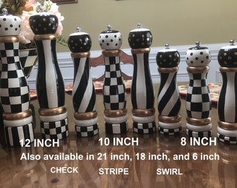 Hand painted salt / pepper mills black & white stripe, check and swirl 6" - 21"