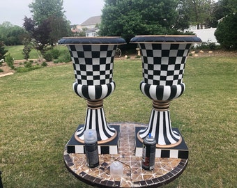 A Pair (2) 16" x 27" Classic black and white check deluxe pedestal Urn / Planter - hand-painted