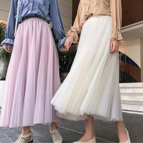 Ardorlove High Waist Long Tulle Skirt, Layered Elastic Mesh Tutu, Black