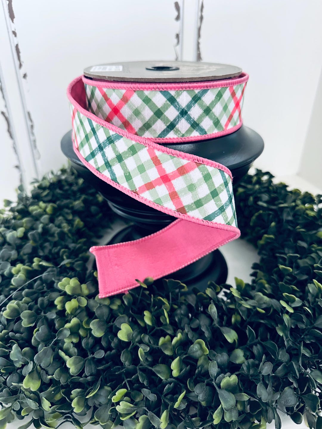 Watercolor Diagonal Check Pink Back Heavy Wired Ribbon|1.5 Inch X 10 ...