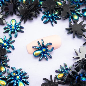 10 Miniature AB Bismuth Black Rhinestone Spider Cabochons, Resin Shaker Embellishment, Nail Art Charms, Slime, Dollhouse, Halloween Bug Cabs
