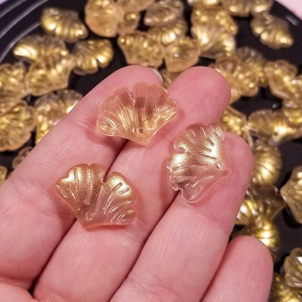 10 Gold Glittery Double Sided Glass Gingko Leaf Charms, DIY Decoden Crafting, Pendant for Jewelry Making, Maidenhair Fern Leaves Beads