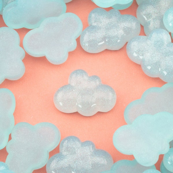 10 Miniature Glittery Blue Cloud Cabochons, 26mm Resin Clouds, Shaker Mold Embellishments, DIY Jewelry, Weather Ornament Filler, Dreamy Art