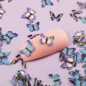 May include: A scattering of blue and purple butterfly nail art decals on a light purple surface. A fingernail with a light pink base is shown with two butterfly decals on top.