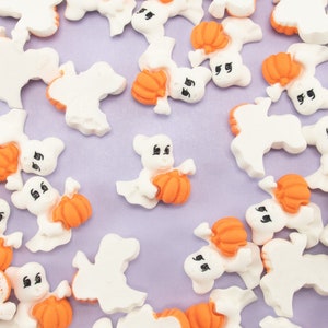 5 Miniature Trick or Treat Ghost Cabochons, Pumpkin, Shaker Mold Embellishment Bits, Halloween Decorations, Slime, Dollhouse Cabs, Spooky
