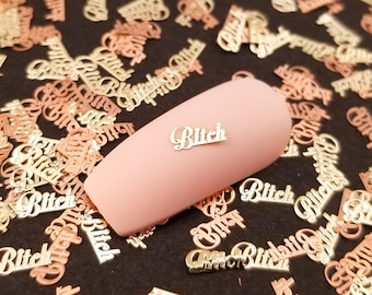 6mm Gold Toned Metal Kawaii Bitch Word Cabochons, Cute Nail Art Cabs, Resin Charms, Bitch Resin Shaker Embellishments