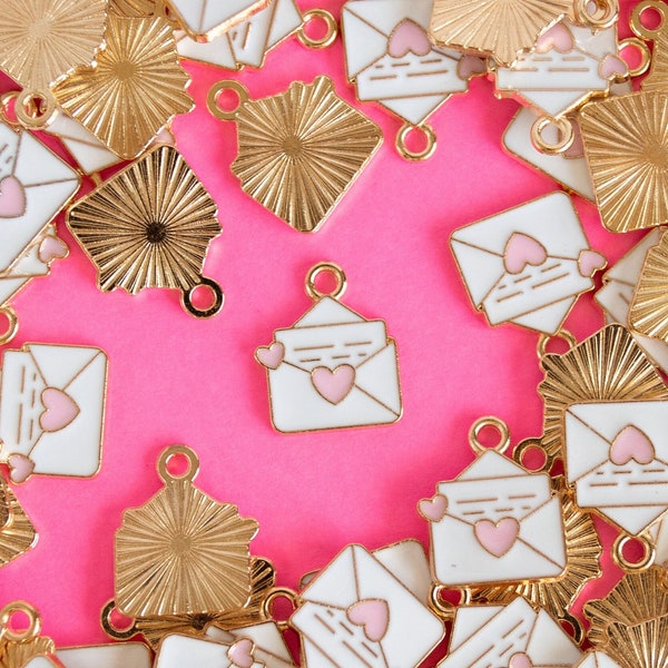 10 Valentine's Day Love Letter Charms, Gold Toned Metal Jewelry, Kawaii Keychain Pendant Charms for Brides, DIY Enamel Bracelets Heart Notes