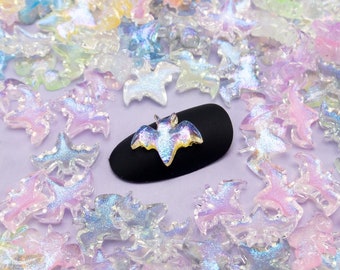 10 Miniature Rainbow Glittery Jelly Bat Cabochons, 11mm Resin Halloween Cabochon, Shaker Mold Embellishment Bits, Nail, Slime, Dollhouse Cab