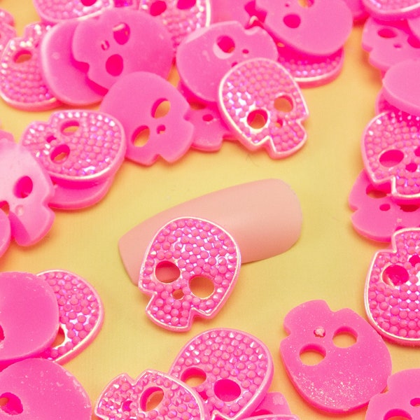 10 Miniature Pink Rhinestone Skull Cabochons, Resin Halloween Cabs, Shaker Mold Embellishment Bits, Nail Art Decoration, Slime, Dollhouse