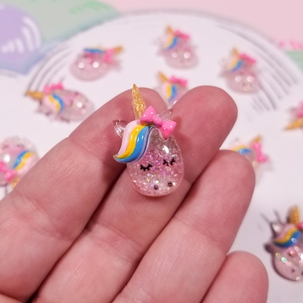 10 Glittery Unicorn Head Flat Back Resin Cabochons, Cell Phone Case Decoration, Jewelry Embellishment, DIY Decoden Crafting, Glitter Cabs