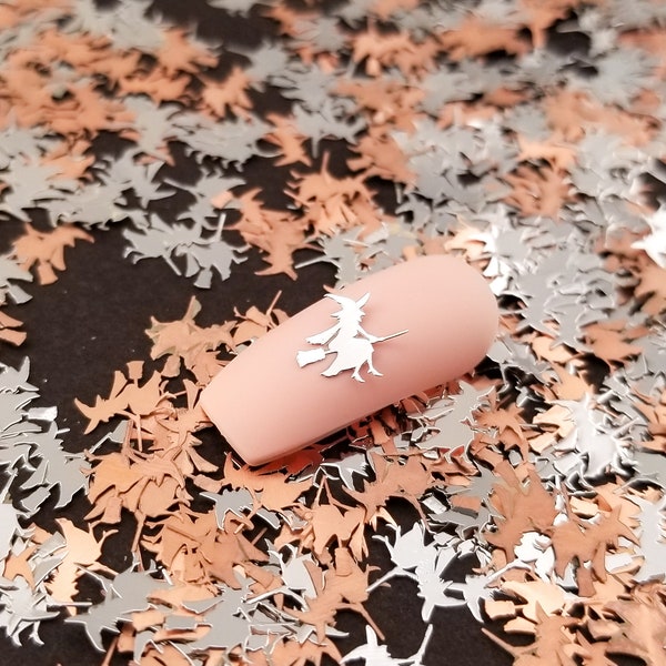 7mm Silver Toned Metallic Spooky Kawaii Halloween Witch on a Broomstick Cabochons, Cute Nail Art Cabs, Charm Resin, Witchy Embellishment