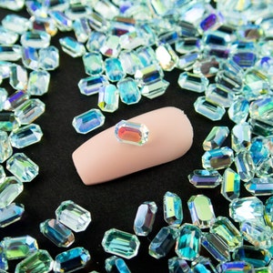 Cabochon en résine à dos pointu, pierre taillée baguette AB bleu irisé 6 mm, embouts shaker pour embellissements, pierres précieuses pour ongles kawaii, strass en résine