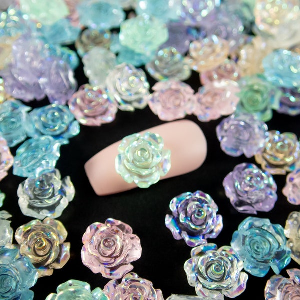 10 Assorted Pastel Glittery AB Rose Flower Cabochons, 10mm Resin Cabochons, Shaker Mold Embellishment Bits, Decor, Slime, Dollhouse Flower