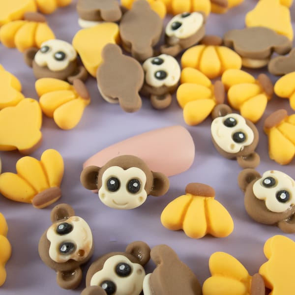 10 Miniature Monkey and Banana Cabochons, 15mm Resin Cabochons, Shaker Mold Embellishment Bits, Nail Decoration Slime, Dollhouse Toys