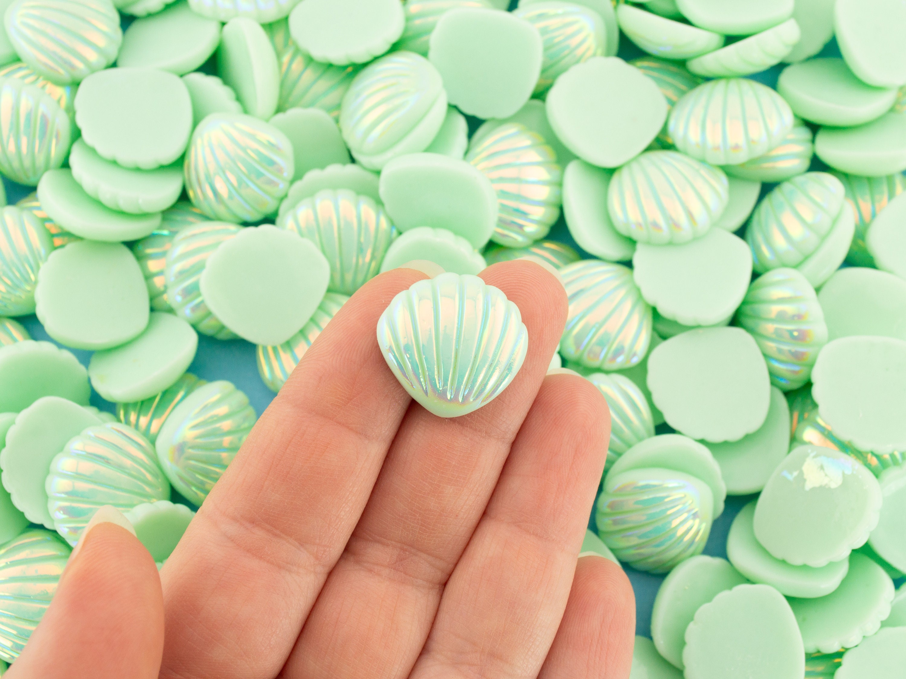10 Miniature Mint Iridescent Resin Shell Cabochons, Resin MCM Cabs ...