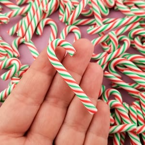 5 Red and Green Polymer Clay Candy Cane Cabochons, Fake Candy Embellishment Shaker Bits, Plastic Candy Cabochons, Holiday Peppermint Charms
