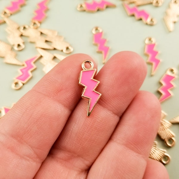 10 Hot Pink Enamel Lightning Charm, Gold Toned Metal, Lightning pendant, Lightning Bolt pendant charms for Jewelry