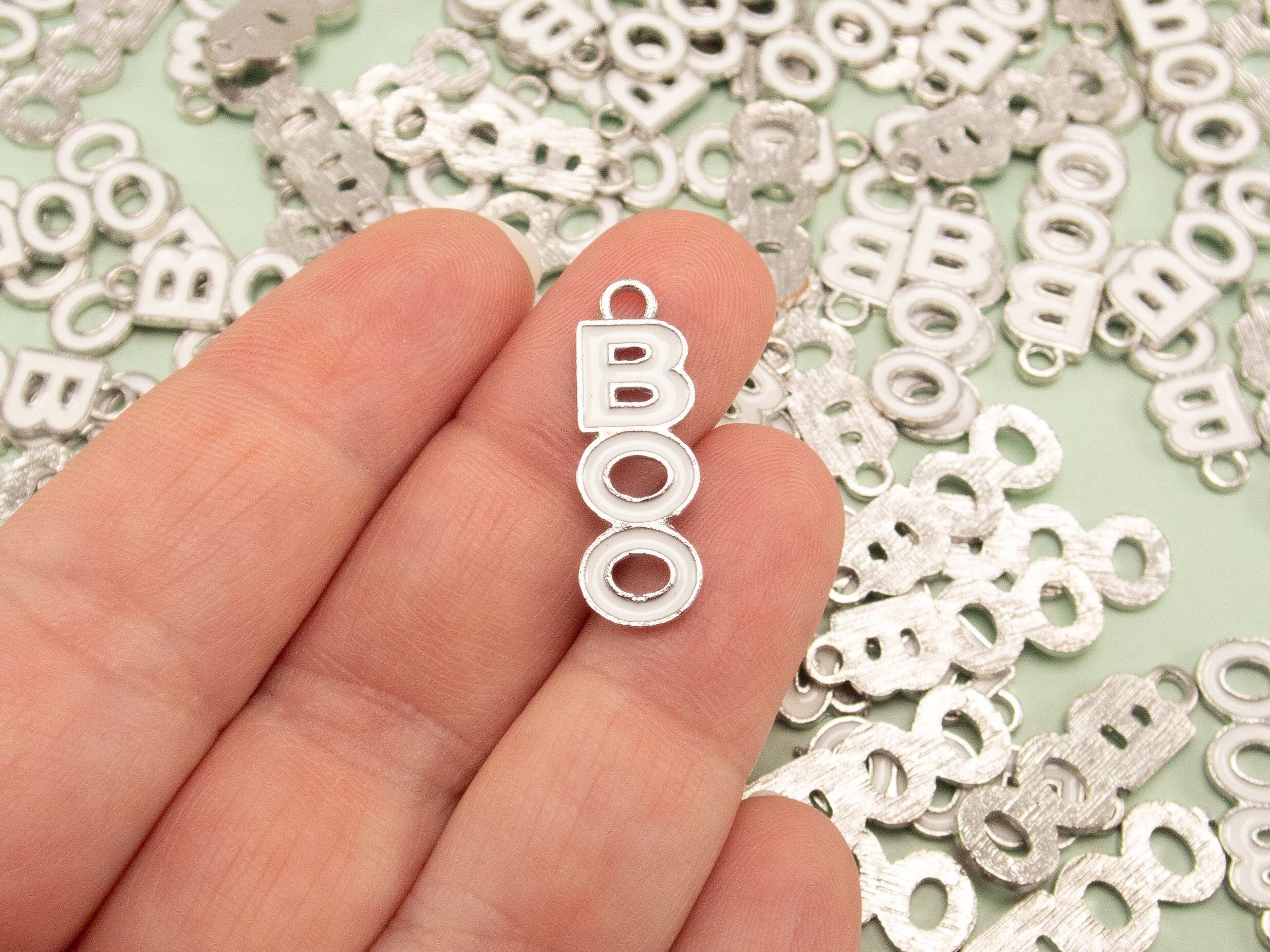 10 Enamel White Halloween Boo Charms, Silver Toned Metal, Word pendant, Haunted BOO charms for Jewelry, Spooky Halloween Charms