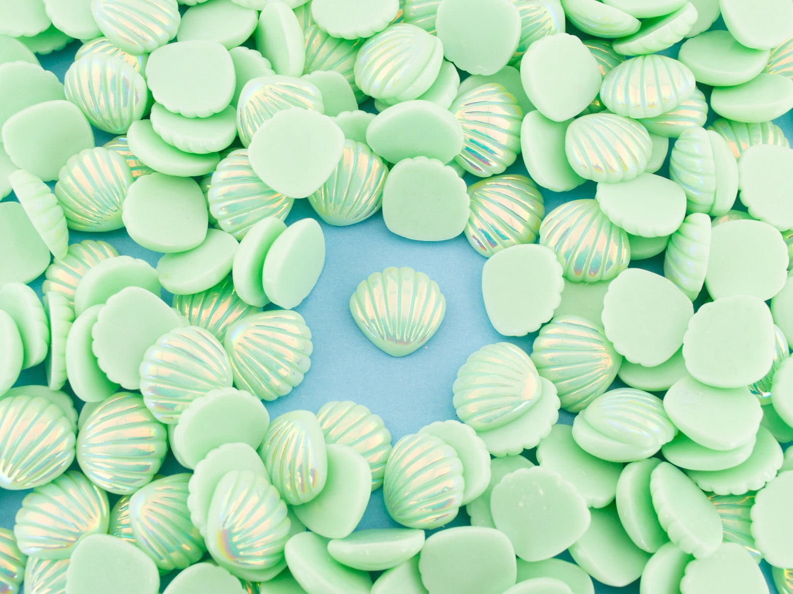 10 Miniature Mint Iridescent Resin Shell Cabochons, Resin MCM Cabs ...