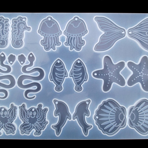 18 Cavity Ocean Themed Earring Charm Pendant Sets Silicone Mold, Epoxy UV Resin Keychain Jewelry Making, DIY Deco Mold, Creatures, Bulk Mold